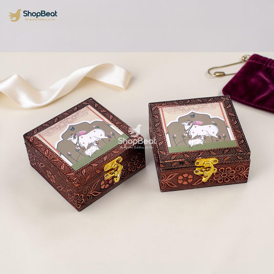 Handcrafted Wooden Jewellery Box Copper Metal Finish (4 x 4 inch) - Pack of 2 | Oxidized Pichwai Cow & Calf Design | Decorative Organizer | Storage Box for Women Puja Gifting | Ivory Sand