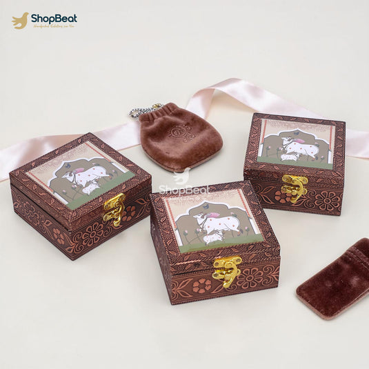 Handcrafted Wooden Jewellery Box Copper Metal Finish (4 x 4 inch) - Pack of 3 | Oxidized Pichwai Cow & Calf Design | Decorative Organizer | Storage Box for Women Puja Gifting | Ivory Sand