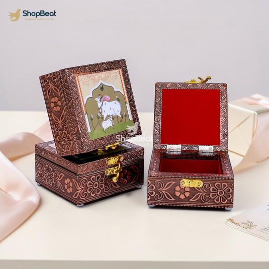 Handcrafted Wooden Jewellery Box Copper Metal Finish (4 x 4 inch) - Pack of 3 | Oxidized Pichwai Cow & Calf Design | Decorative Organizer | Storage Box for Women Puja Gifting | Ivory Sand