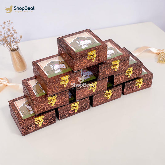 Handcrafted Wooden Jewellery Box Copper Metal Finish (4 x 4 inch) - Pack of 10 | Oxidized Pichwai Cow & Calf Design | Decorative Organizer | Storage Box for Women Puja Gifting | Ivory Sand