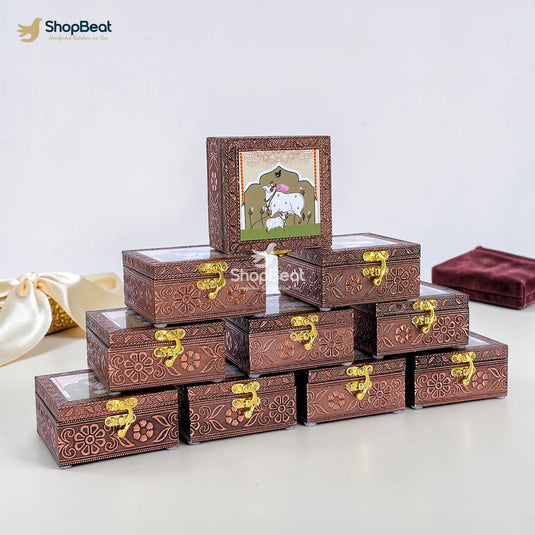 Handcrafted Wooden Jewellery Box Copper Metal Finish (4 x 4 inch) - Pack of 10 | Oxidized Pichwai Cow & Calf Design | Decorative Organizer | Storage Box for Women Puja Gifting | Ivory Sand