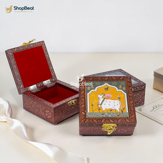 Handcrafted Wooden Jewellery Box Copper Metal Finish (4 x 4 inch) - Pack of 3 | Oxidized Pichwai Cow Design | Decorative Organizer | Storage Box for Women Puja Festive Gifting | Royal Teal
