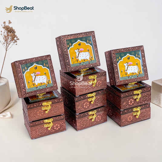 Handcrafted Wooden Jewellery Box Copper Metal Finish (4 x 4 inch) - Pack of 10 | Oxidized Pichwai Cow Design | Decorative Organizer | Storage Box for Women Puja Festive Gifting | Royal Teal