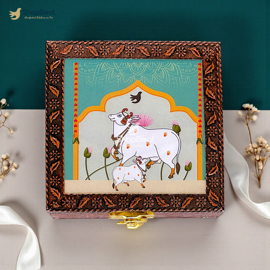 Handcrafted Wooden Jewellery Box Copper Metal Finish (4 x 4 inch) | Oxidized Pichwai Cow Design | Decorative Motif Organizer | Storage Box for Women Puja Festive Gifting | Sacred Teal