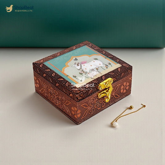 Handcrafted Wooden Jewellery Box Copper Metal Finish (4 x 4 inch) | Oxidized Pichwai Cow Design | Decorative Motif Organizer | Storage Box for Women Puja Festive Gifting | Sacred Teal