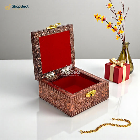 Handcrafted Wooden Jewellery Box Copper Metal Finish (4 x 4 inch) | Oxidized Pichwai Cow Design | Decorative Motif Organizer | Storage Box for Women Puja Festive Gifting | Sacred Teal