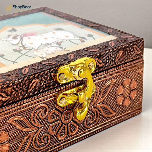 Handcrafted Wooden Jewellery Box Copper Metal Finish (4 x 4 inch) | Oxidized Pichwai Cow Design | Decorative Motif Organizer | Storage Box for Women Puja Festive Gifting | Sacred Teal