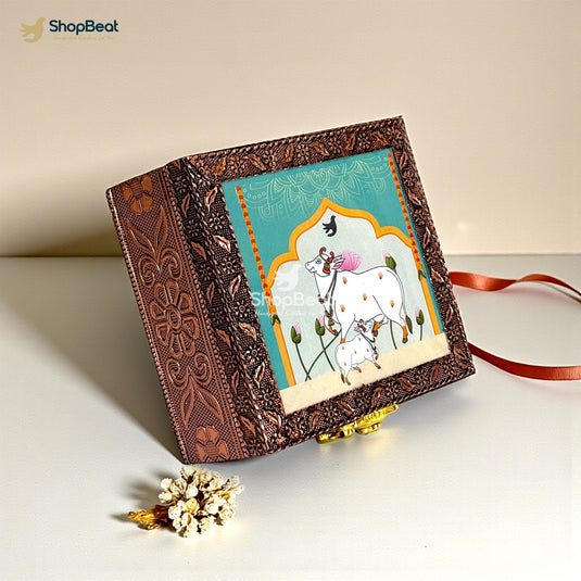 Handcrafted Wooden Jewellery Box Copper Metal Finish (4 x 4 inch) | Oxidized Pichwai Cow Design | Decorative Motif Organizer | Storage Box for Women Puja Festive Gifting | Sacred Teal