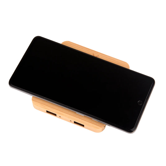 Wangari Pine 15W Square Bamboo Wireless Charger With USB Hub