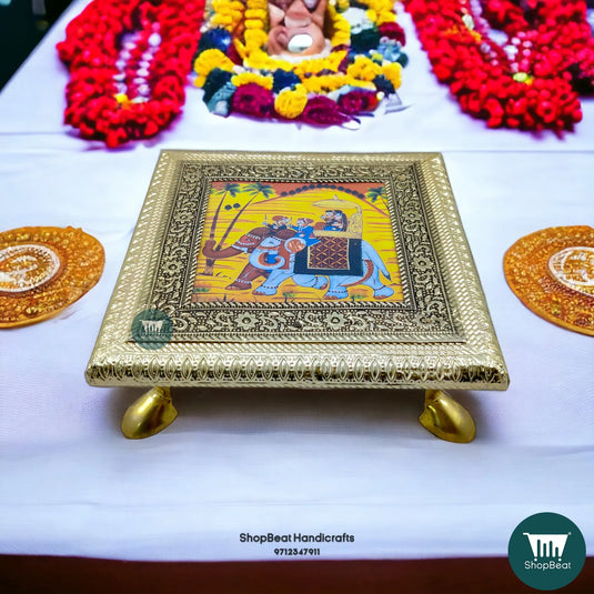 German Oxidised Elephant Pooja Chowki – Wooden Bajot 6x6 Inch