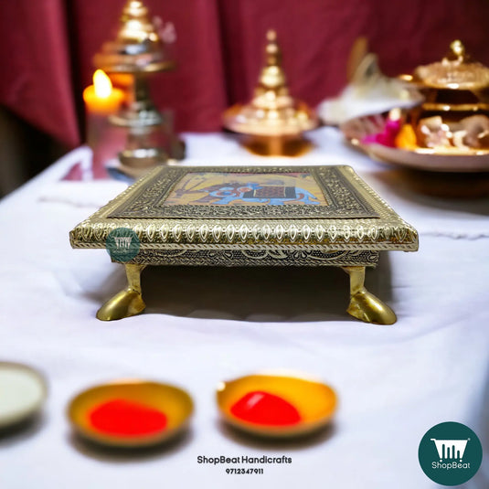 German Oxidised Elephant Pooja Chowki – Wooden Bajot 6x6 Inch