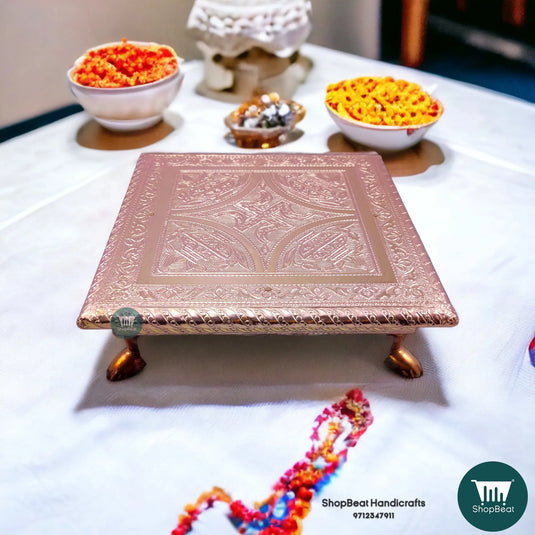 Copper Oxidised Kalash Pooja Chowki – Embossed Wooden Bajot 8x8