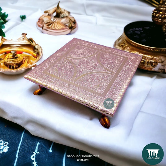 Copper Oxidised Kalash Pooja Chowki – Embossed Wooden Bajot 8x8