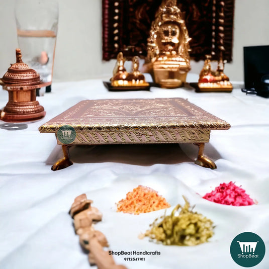 Copper Oxidised Kalash Pooja Chowki – Embossed Wooden Bajot 8x8