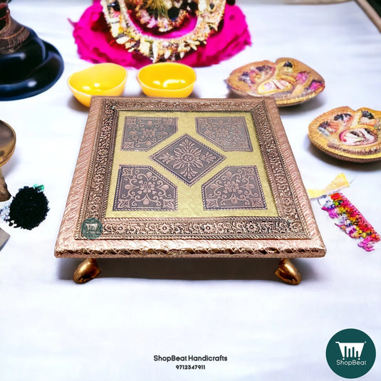 Copper Oxidised Flower Pooja Chowki – Wooden Bajot 8x8 Inch