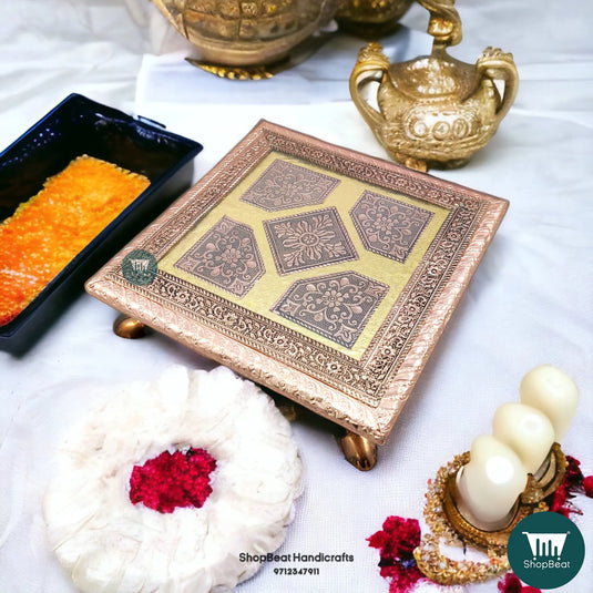 Copper Oxidised Flower Pooja Chowki – Wooden Bajot 8x8 Inch