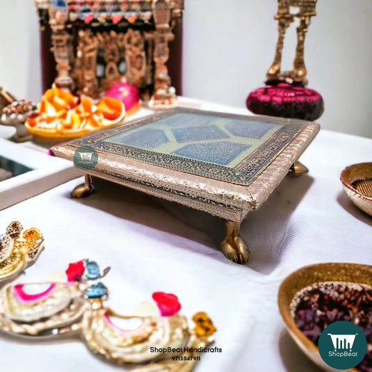 Copper Oxidised Flower Pooja Chowki – Wooden Bajot 8x8 Inch