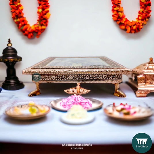 Copper Oxidised Flower Pooja Chowki – Wooden Bajot 8x8 Inch