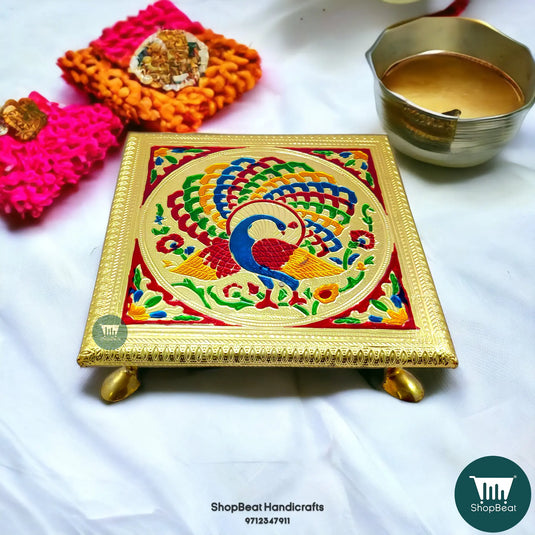 Golden Oxidised Meenakari Peacock Pooja Chowki – Wooden 8x8 Inch