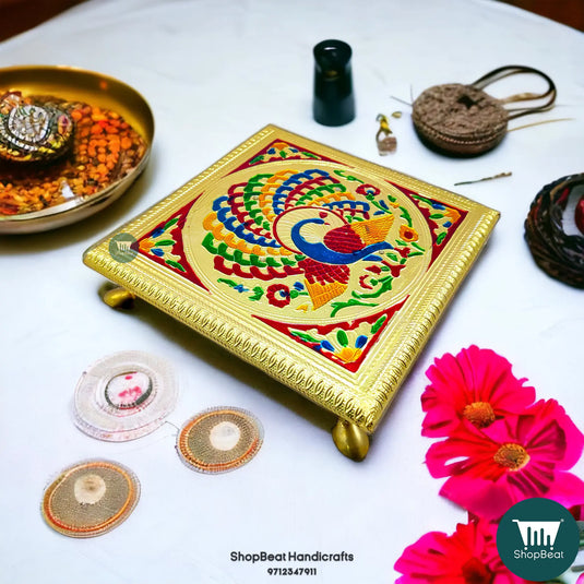 Golden Oxidised Meenakari Peacock Pooja Chowki – Wooden 8x8 Inch