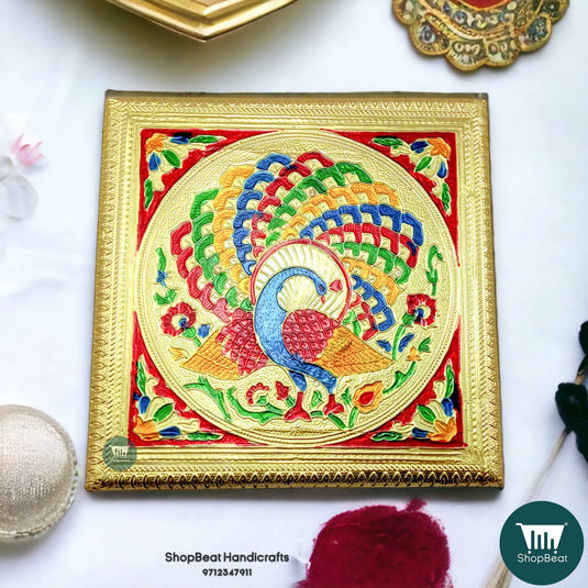 Golden Oxidised Meenakari Peacock Pooja Chowki – Wooden 8x8 Inch