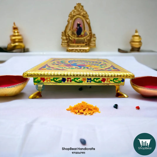 Golden Oxidised Meenakari Peacock Pooja Chowki – Wooden 8x8 Inch