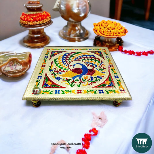 Golden Oxidised Meenakari Peacock Pooja Chowki – Wooden 12x12 Inch
