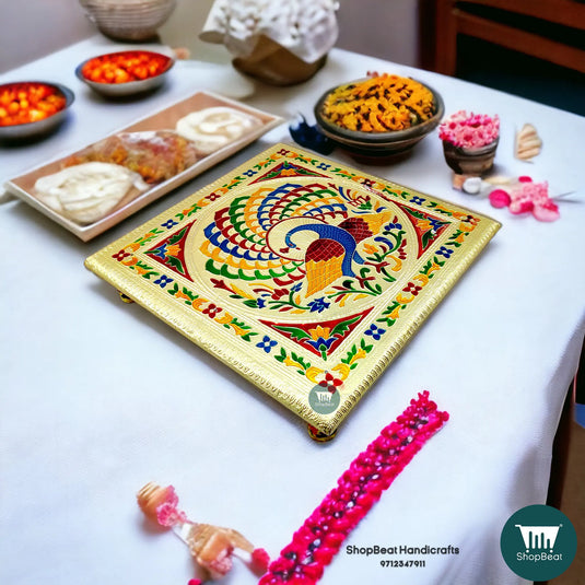 Golden Oxidised Meenakari Peacock Pooja Chowki – Wooden 12x12 Inch