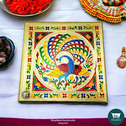 Golden Oxidised Meenakari Peacock Pooja Chowki – Wooden 12x12 Inch