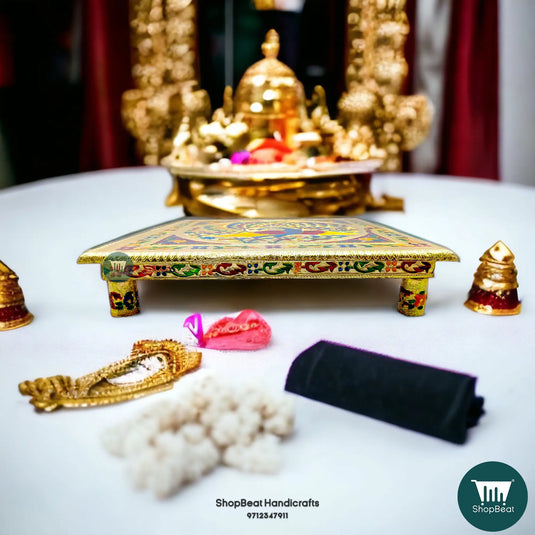 Golden Oxidised Meenakari Peacock Pooja Chowki – Wooden 12x12 Inch