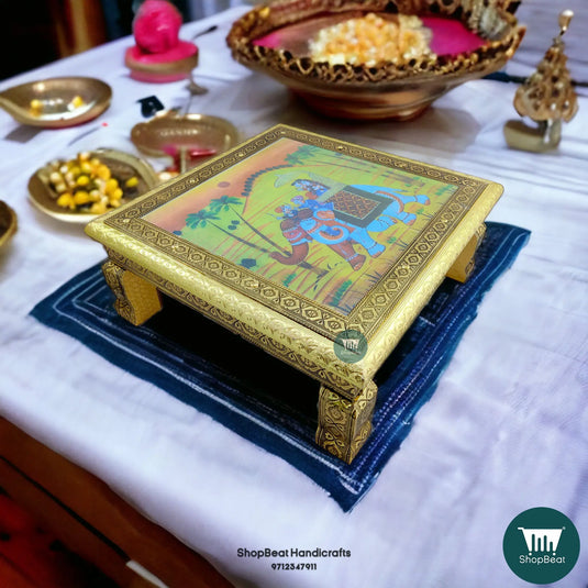 Golden Oxidised Elephant Pooja Chowki – Wooden Bajot 15x15 Inch