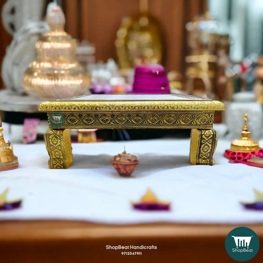 Golden Oxidised Elephant Pooja Chowki – Wooden Bajot 15x15 Inch