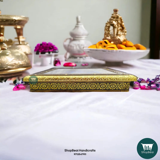 Golden Oxidised Elephant Pooja Chowki – Wooden Bajot 15x15 Inch