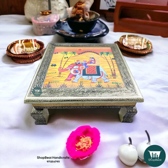 Silver Oxidised Elephant Pooja Chowki – White Wooden Bajot 15x15 Inch
