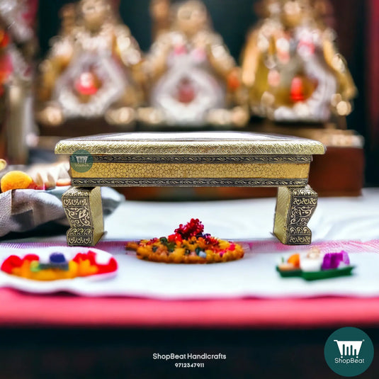 Silver Oxidised Elephant Pooja Chowki – White Wooden Bajot 15x15 Inch