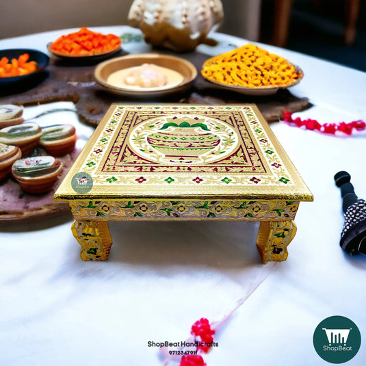 Golden Oxidised Meenakari Kalash Pooja Chowki – Wooden 15x15 Inch