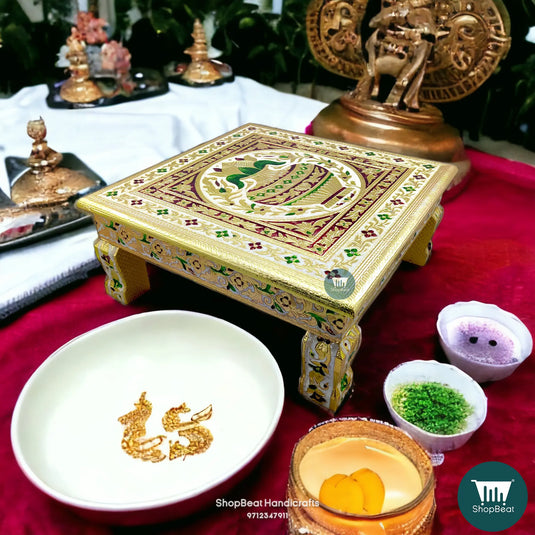Golden Oxidised Meenakari Kalash Pooja Chowki – Wooden 15x15 Inch