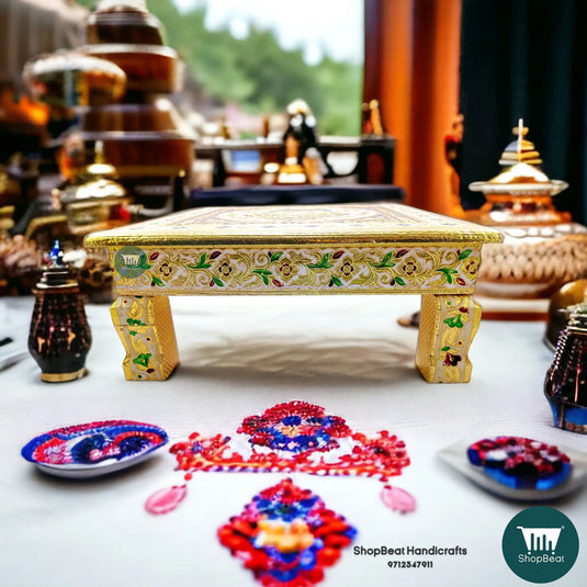 Golden Oxidised Meenakari Kalash Pooja Chowki – Wooden 15x15 Inch