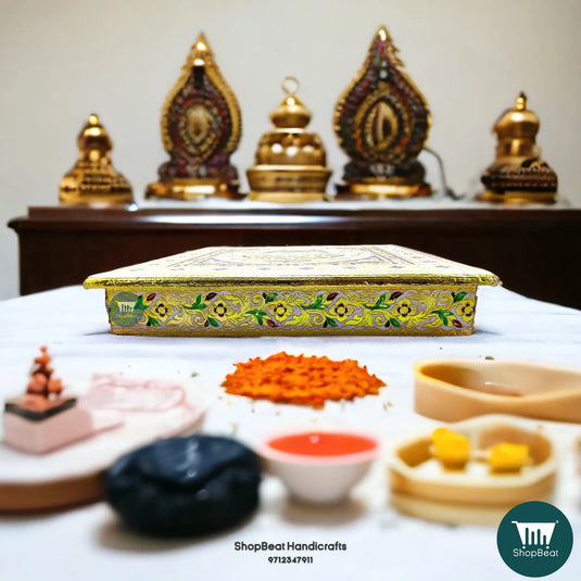 Golden Oxidised Meenakari Kalash Pooja Chowki – Wooden 15x15 Inch