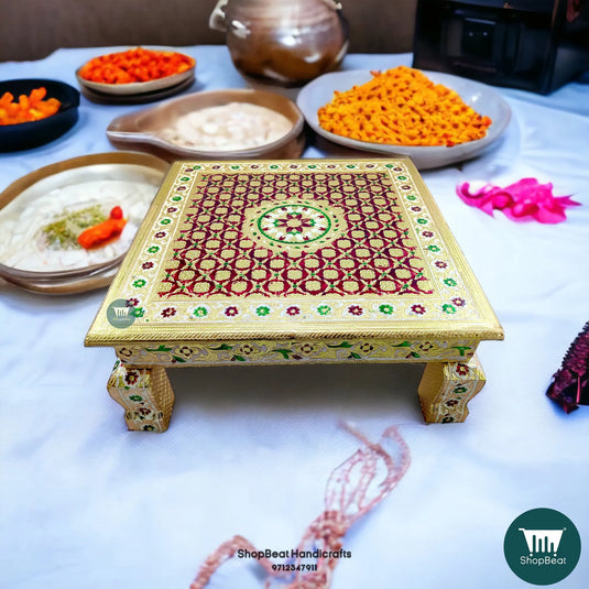 Golden Oxidised Meenakari Flower Pooja Chowki – Wooden 15x15 Inch