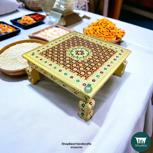 Golden Oxidised Meenakari Flower Pooja Chowki – Wooden 15x15 Inch