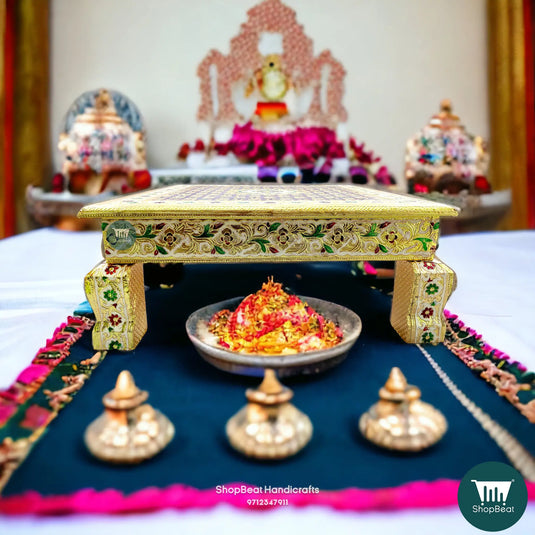 Golden Oxidised Meenakari Flower Pooja Chowki – Wooden 15x15 Inch