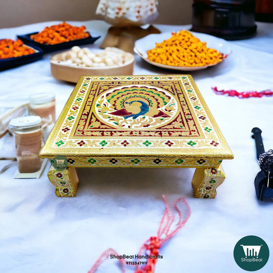 Golden Oxidised Meenakari Peacock Pooja Chowki – Wooden 15x15 Inch