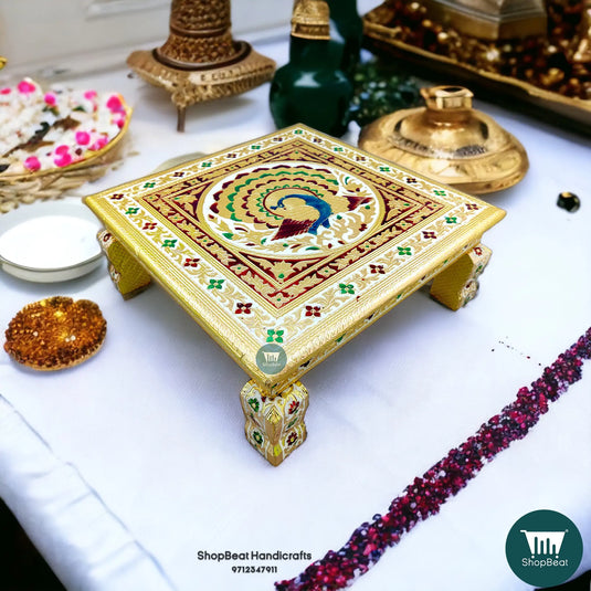 Golden Oxidised Meenakari Peacock Pooja Chowki – Wooden 15x15 Inch