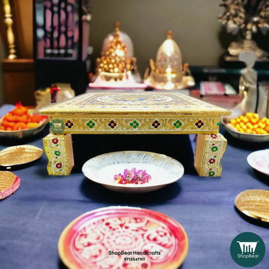 Golden Oxidised Meenakari Peacock Pooja Chowki – Wooden 15x15 Inch