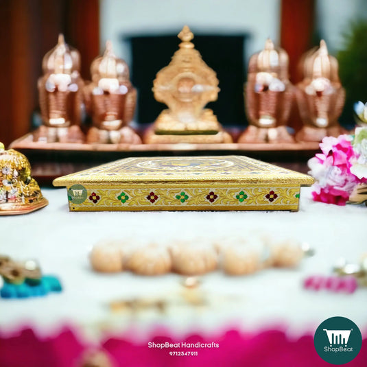 Golden Oxidised Meenakari Peacock Pooja Chowki – Wooden 15x15 Inch