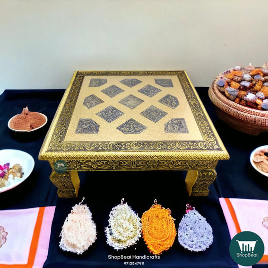 Golden Oxidised Rexine Pooja Chowki – Wooden Bajot 15x15 Inch