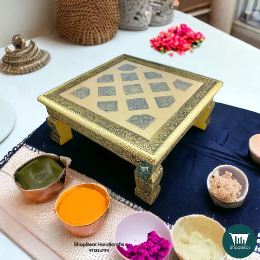 Golden Oxidised Rexine Pooja Chowki – Wooden Bajot 15x15 Inch