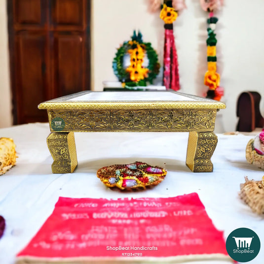 Golden Oxidised Rexine Pooja Chowki – Wooden Bajot 15x15 Inch