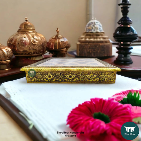 Golden Oxidised Rexine Pooja Chowki – Wooden Bajot 15x15 Inch